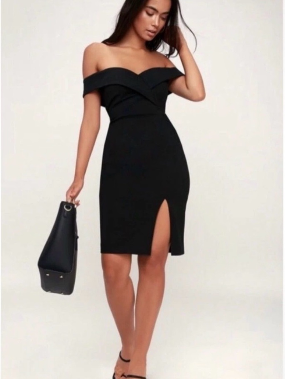 Lulu's Off the Shoulder Black Midi Dress Front Slit Classic Party Evening dress